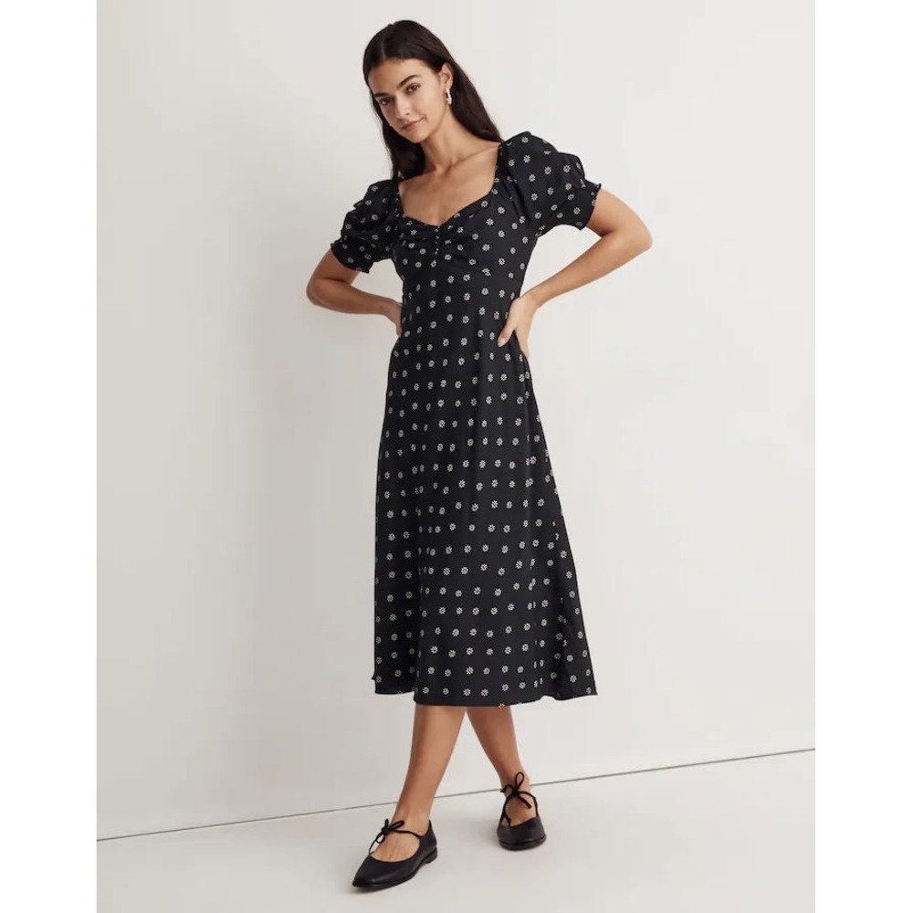 Madewell Sweetheart Puff-Sleeve Midi Dress Stardot Black Floral NI670 Size 8